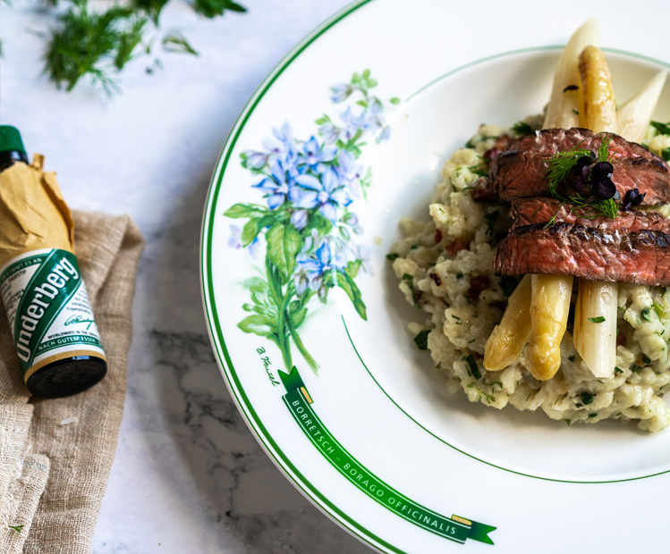 Underberg Herb-Bacon Risotto With White Asparagus & Beef Strips