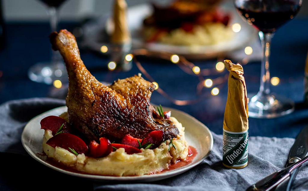 Goose Legs With Mashed Potatoes & Underberg Plums