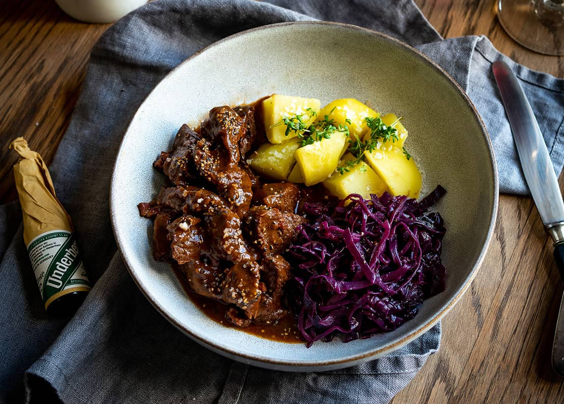 Underberg Goulash With Wild Boar, Potatoes, & Cabbage