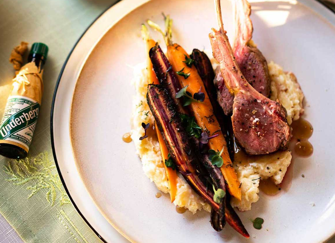 Rack of Lamb With Bitters, Caramelized Carrots & Mashed Parsnips